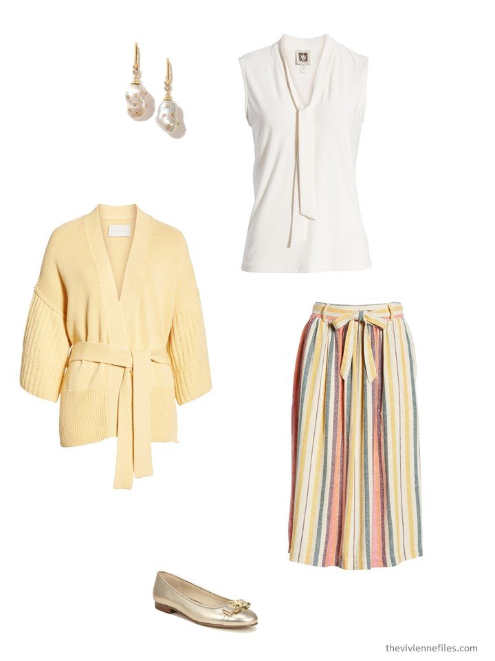 5. striped skirt with bone blouse and yellow cardigan