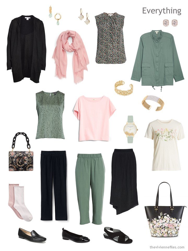 5. travel capsule wardrobe in black, sage green and blush pink