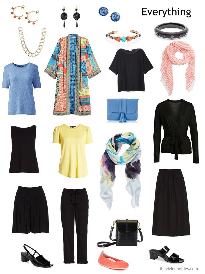 5. travel capsule wardrobe in black with blue and yellow