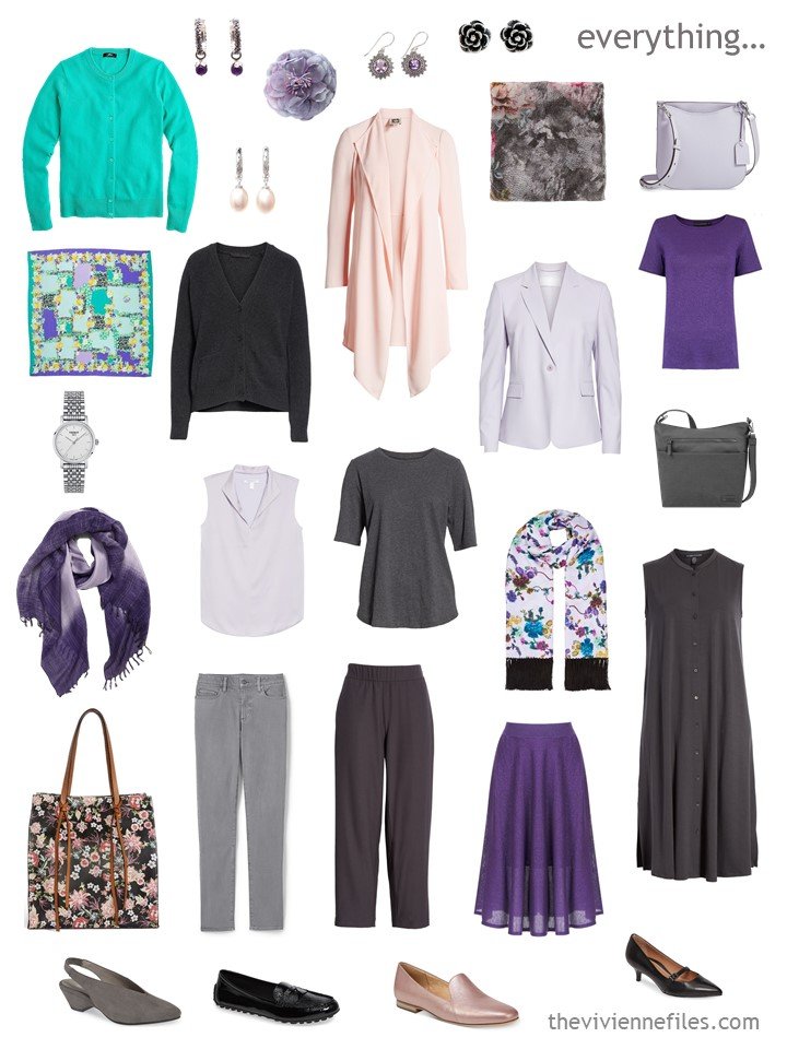 6. capsule wardrobe in grey, shades of purple, peach and green