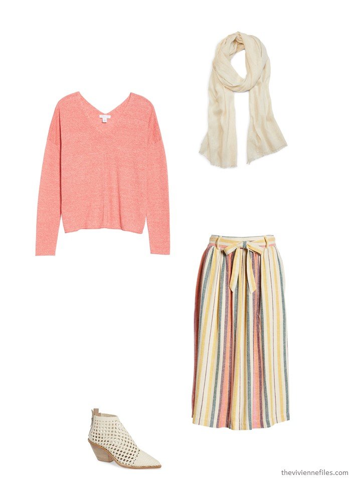 7. striped skirt with coral sweater