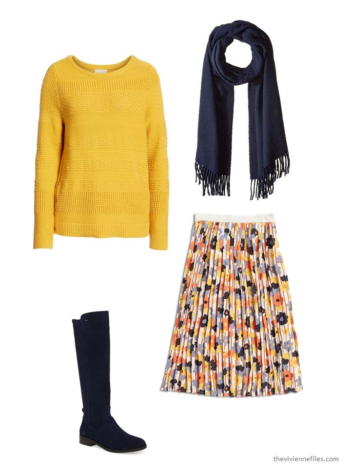 7. wearing a floral skirt with a bright sweater