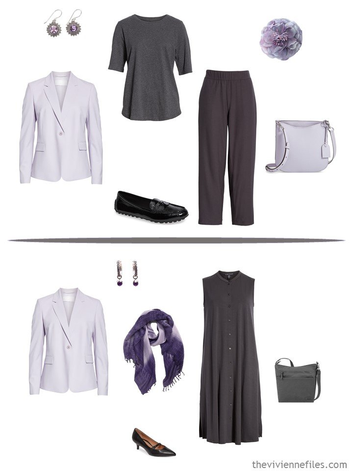 8. 2 ways to wear a pale lilac blazer from a business capsule wardrobe