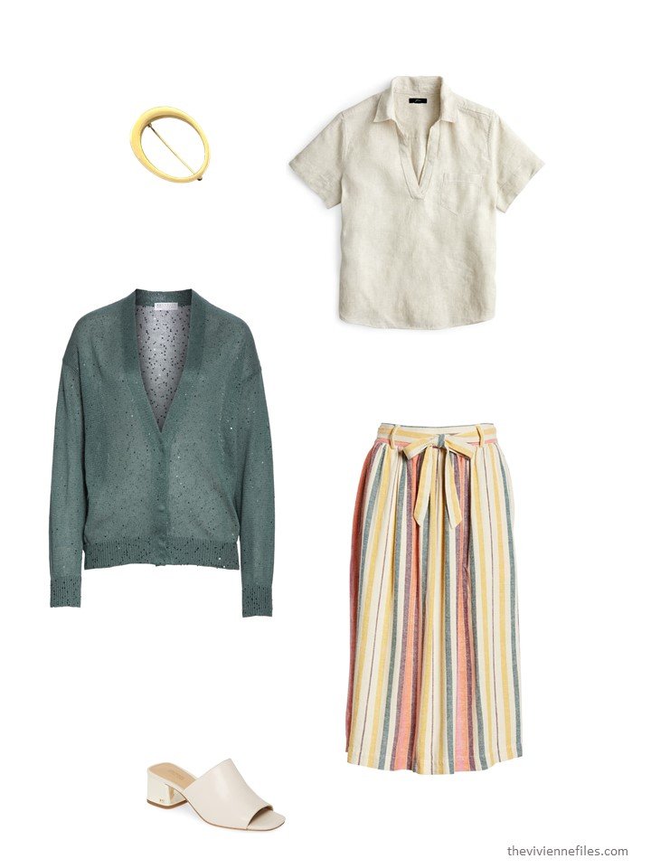 9. striped skirt with green cardigan and bone blouse