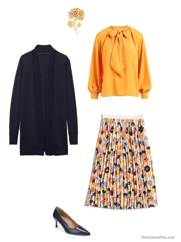 9. wearing a floral skirt with a blouse and cardigan