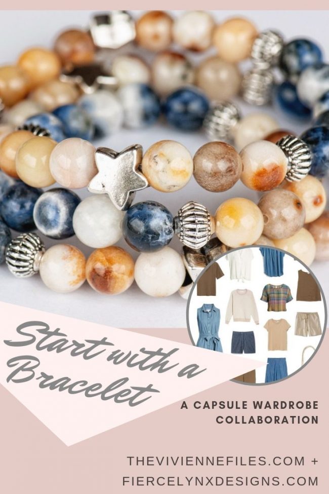 Build a capsule wardrobe by starting with a bracelet. Denim and Gold gemstone bracelet by Fierce Lynx Designs.