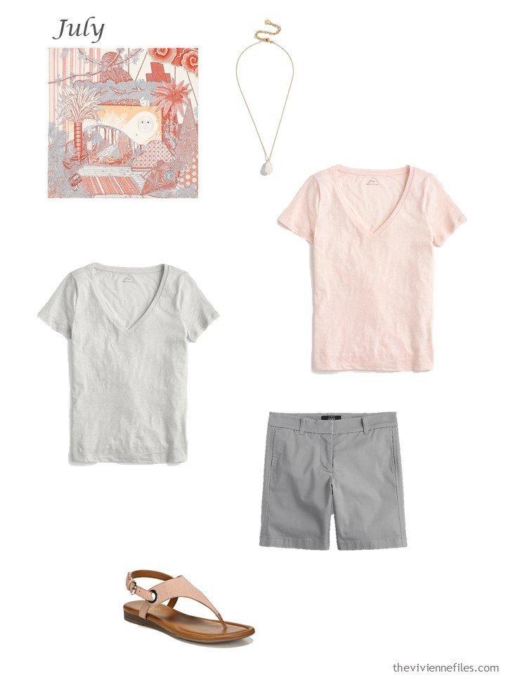 14. adding a blush and grey tee shirt, grey shorts to a capsule wardrobe