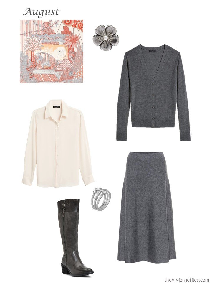 14. grey cardigan and skirt with light blush blouse