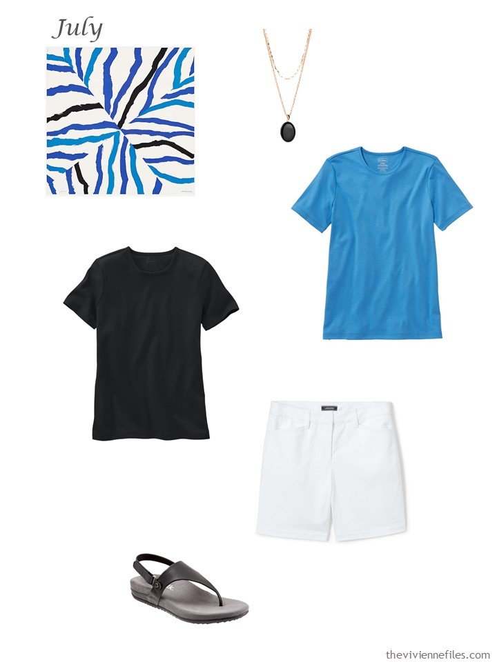 2. adding white short, black tee and blue tee to a capsule wardrobe