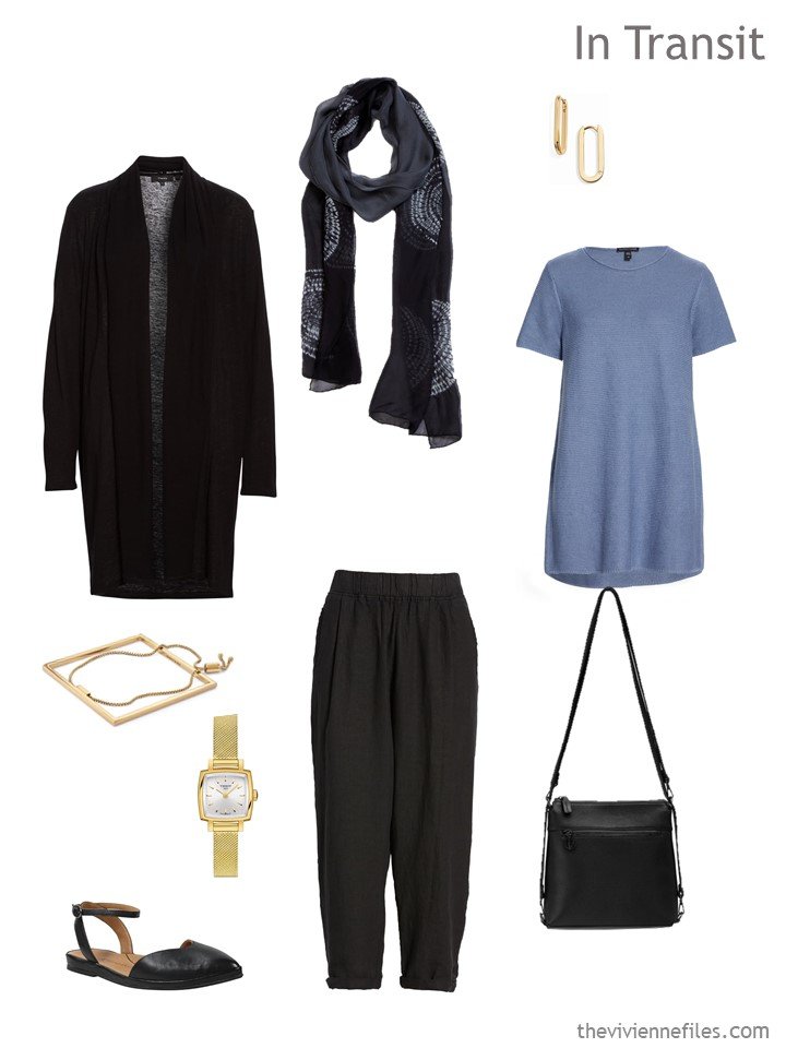 2. black and chambray blue travel outfit