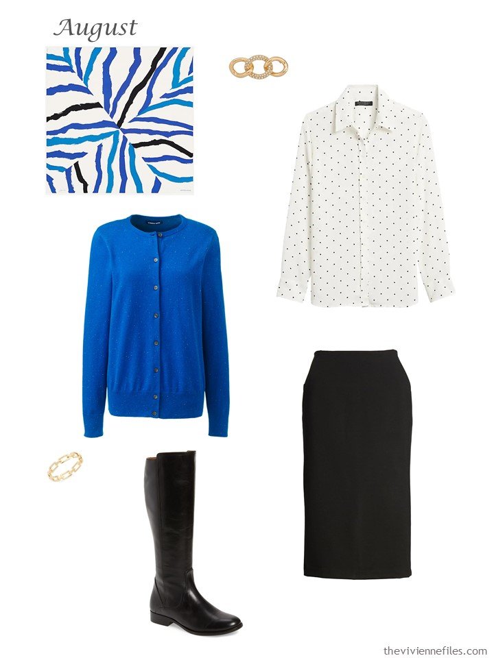 2. dotted blouse, blue cardigan and black skirt