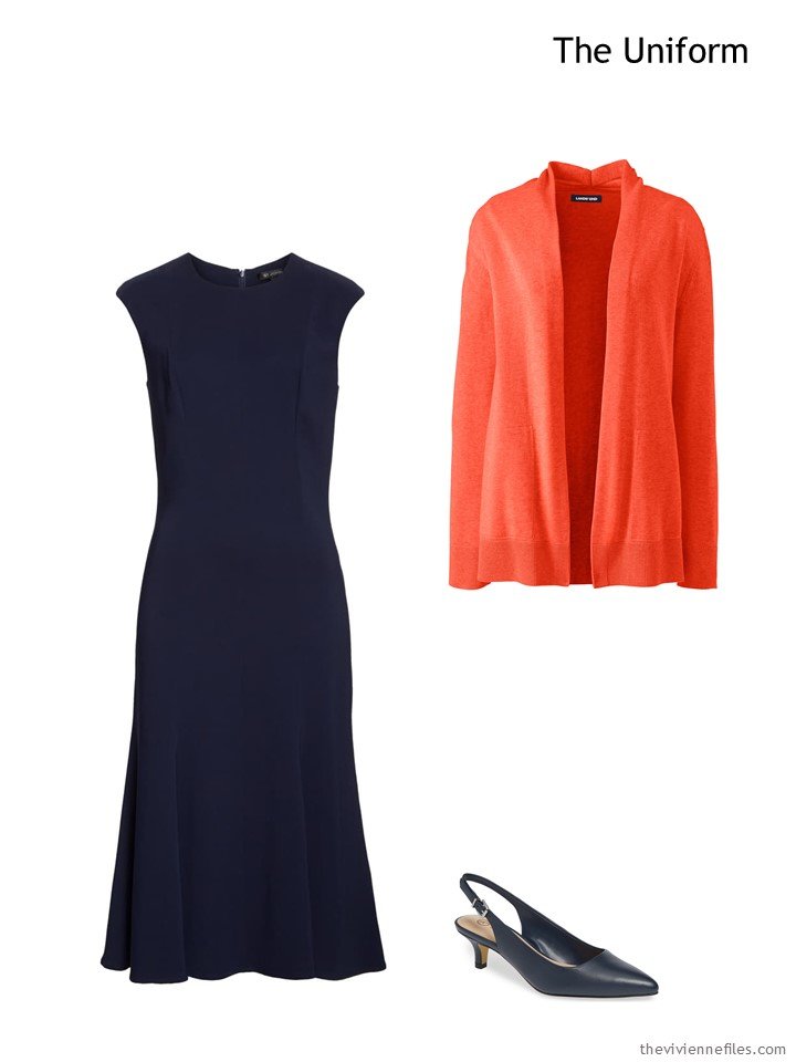 2. navy dress and orange cardigan