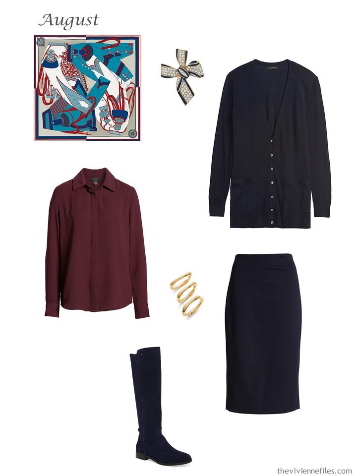 20. navy cardigan and skirt, burgundy blouse