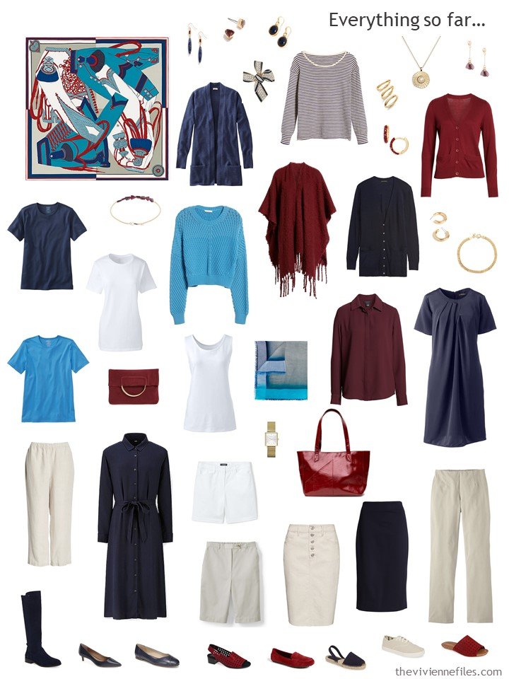 21. beige and navy wardrobe with turquoise and burgundy accents