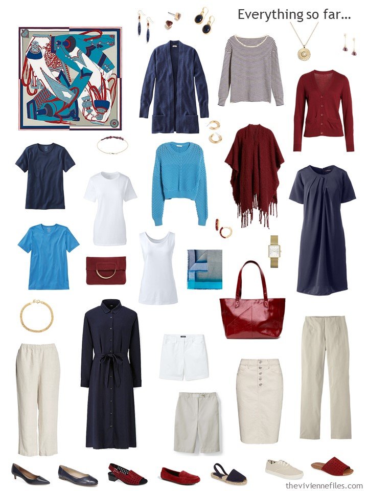 21. capsule wardrobe in navy, beige, white, with blue and red accents