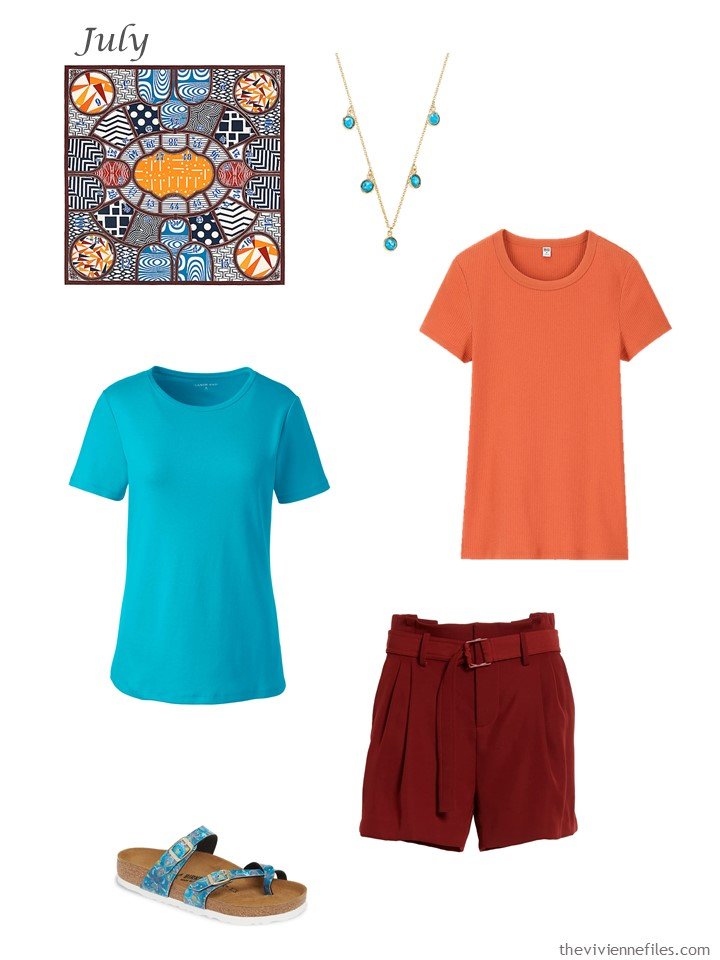 26. adding red shorts, a blue tee and an orange tee to a capsule wardrobe