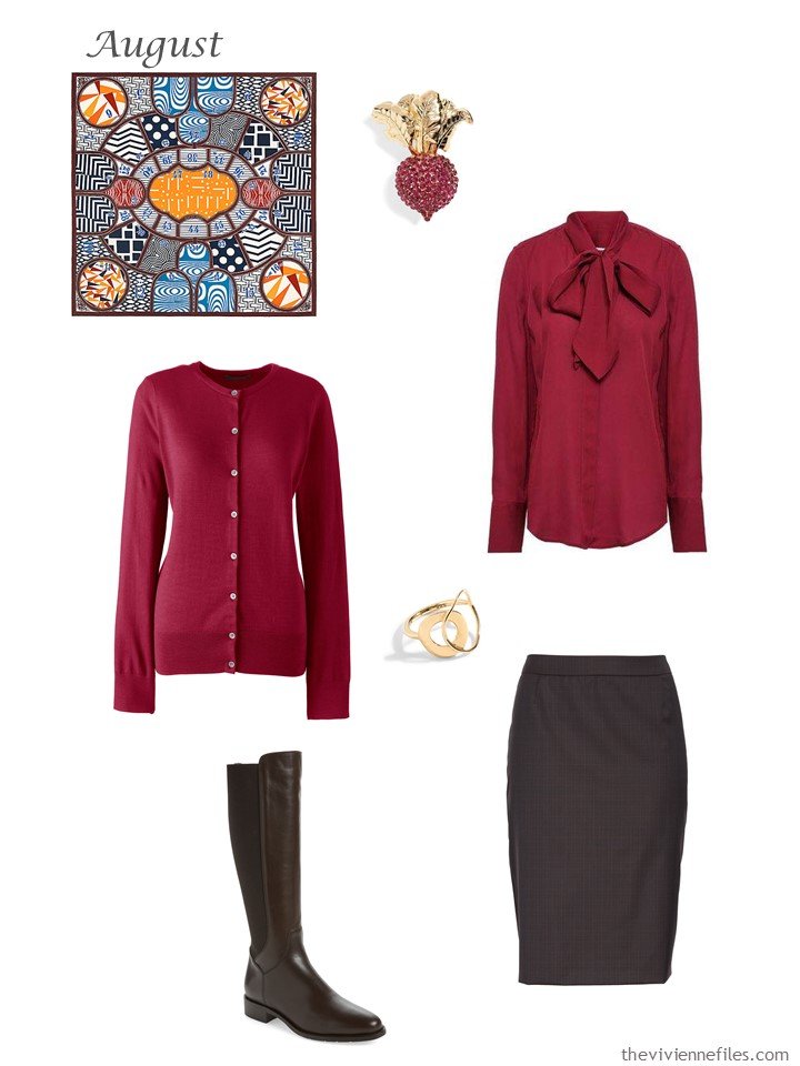 26. red cardigan and blouse with brown skirt