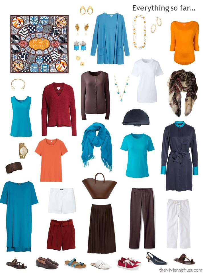 27. capsule wardrobe in brown and white with blue, red and orange accents