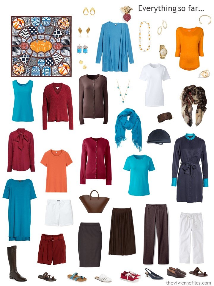 27. capsule wardrobe in brown, white, turquoise, red and orange