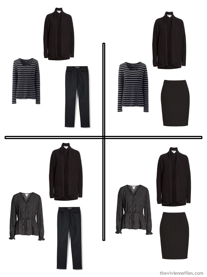 3. 4 outfits from a 5-piece wardrobe cluster in black