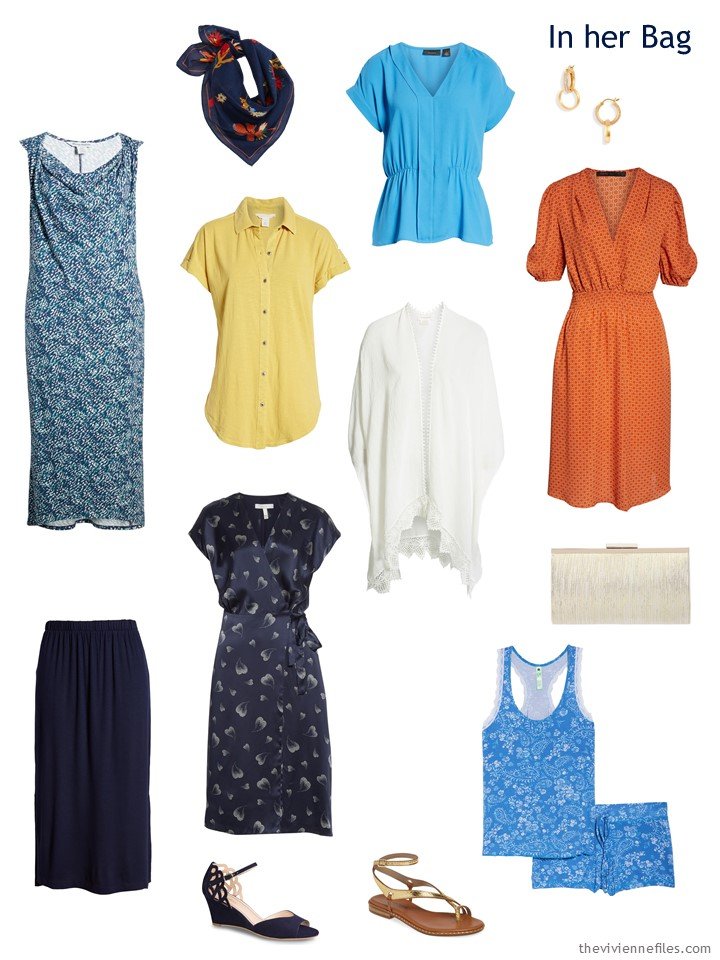 3. additions to a travel capsule wardrobe in navy, yellow, blue and orange