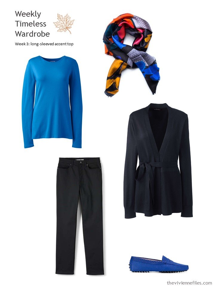 3. black outfit with blue accent top