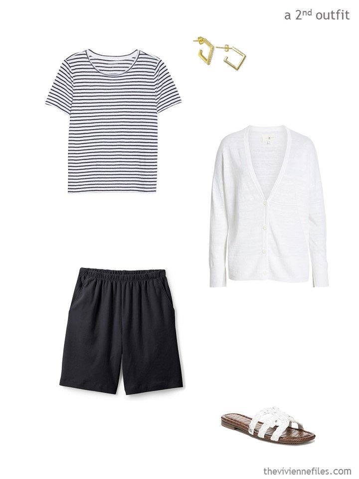 3. black shorts, striped tee, white cardigan