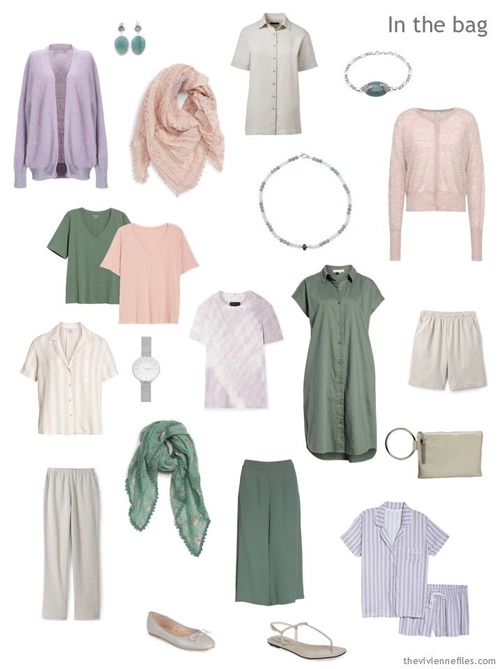 3. travel capsule wardrobe in taupe, rose, moss and lavender