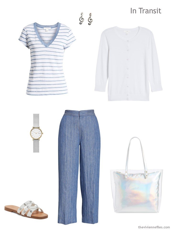 3. travel outfit in blue and white