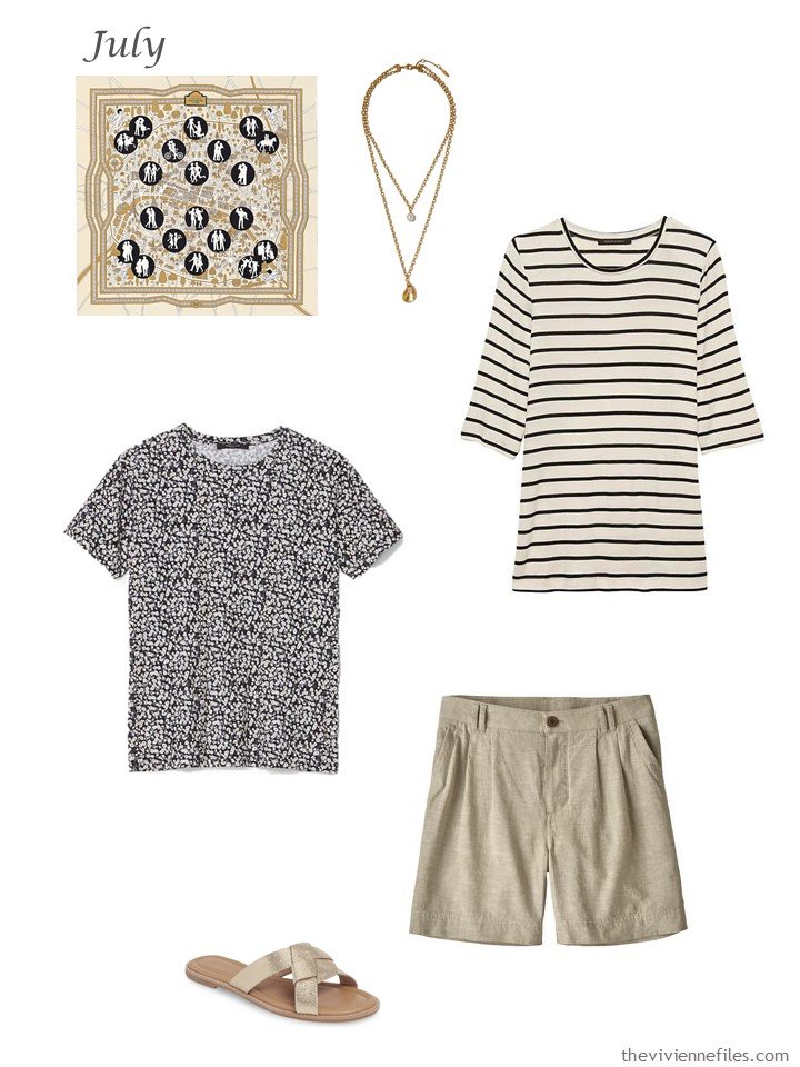 32. adding print tee shirts and tan shorts to a capsule wardrobe