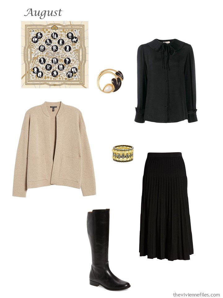 32. beige cardigan, black blouse and skirt