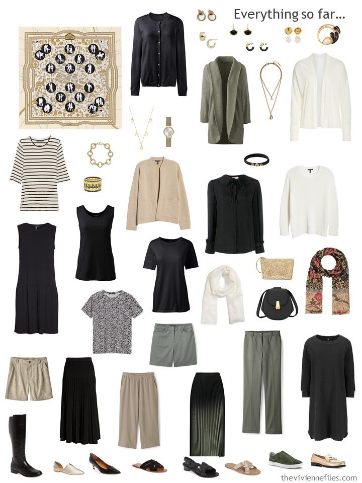 33. capsule wardrobe in black, olive, beige and white