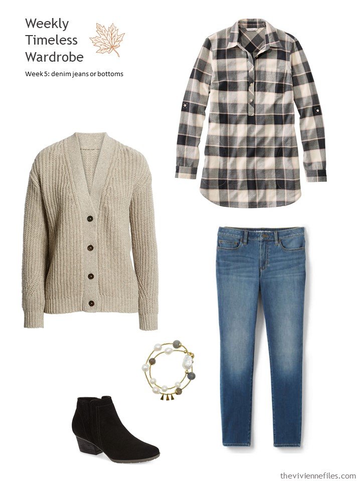 4. blue jeans with beige cardigan