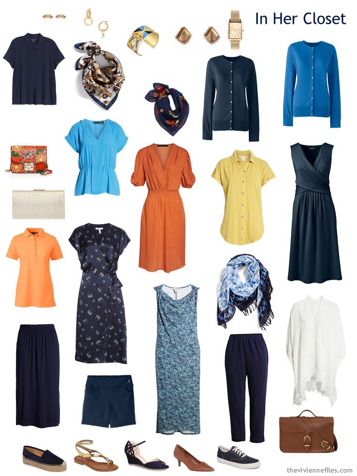 4. capsule wardrobe in navy, orange, yellow, and blue