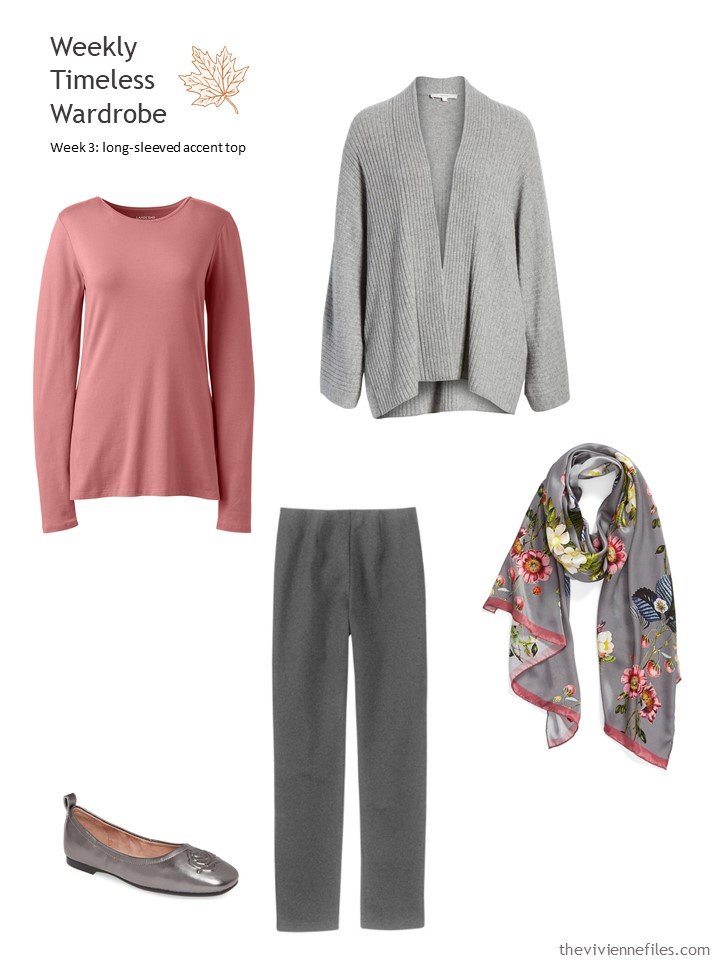 4. grey outfit with rose accent top