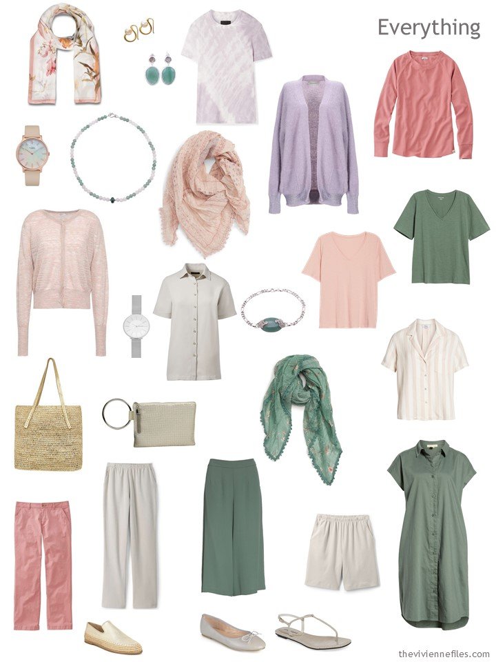 4. travel capsule wardrobe in taupe, rose, moss and lavender