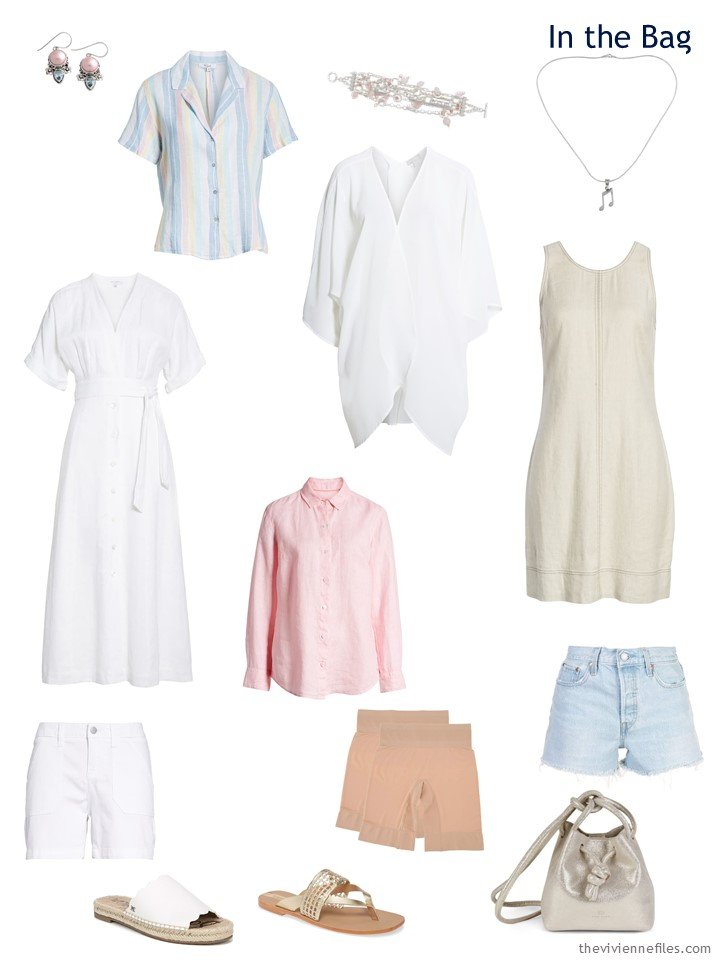 4. travel capsule wardrobe in white, pale blue, pink and beige