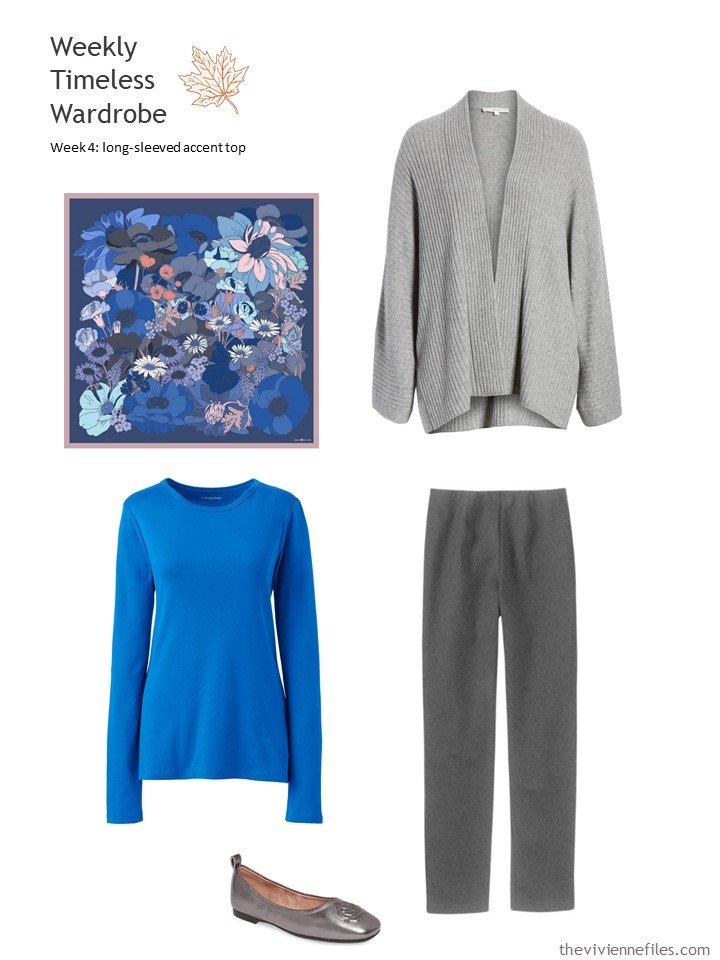 4. wearing bright blue with grey