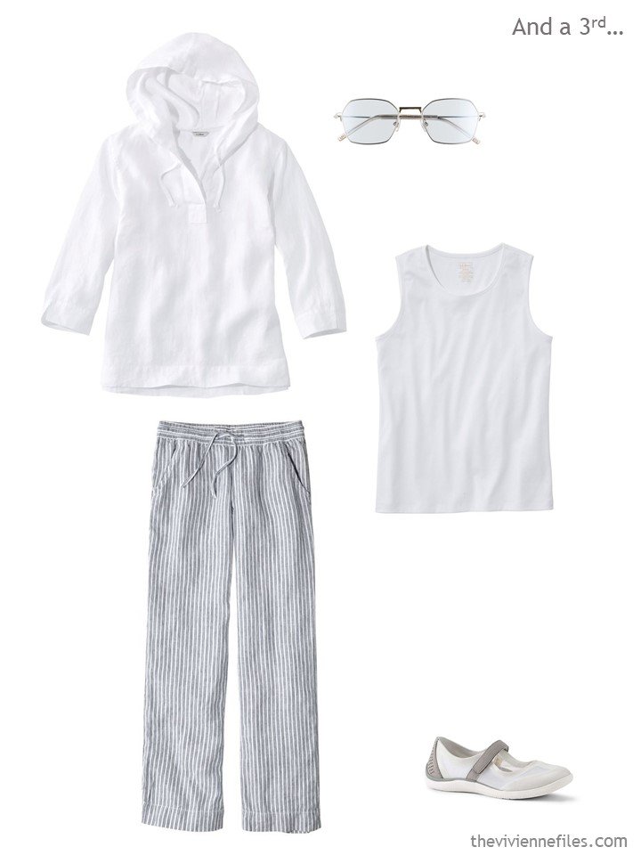 4. white linen top, white tank top, striped linen pants