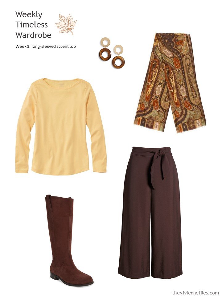 5. brown pants with yellow accent top