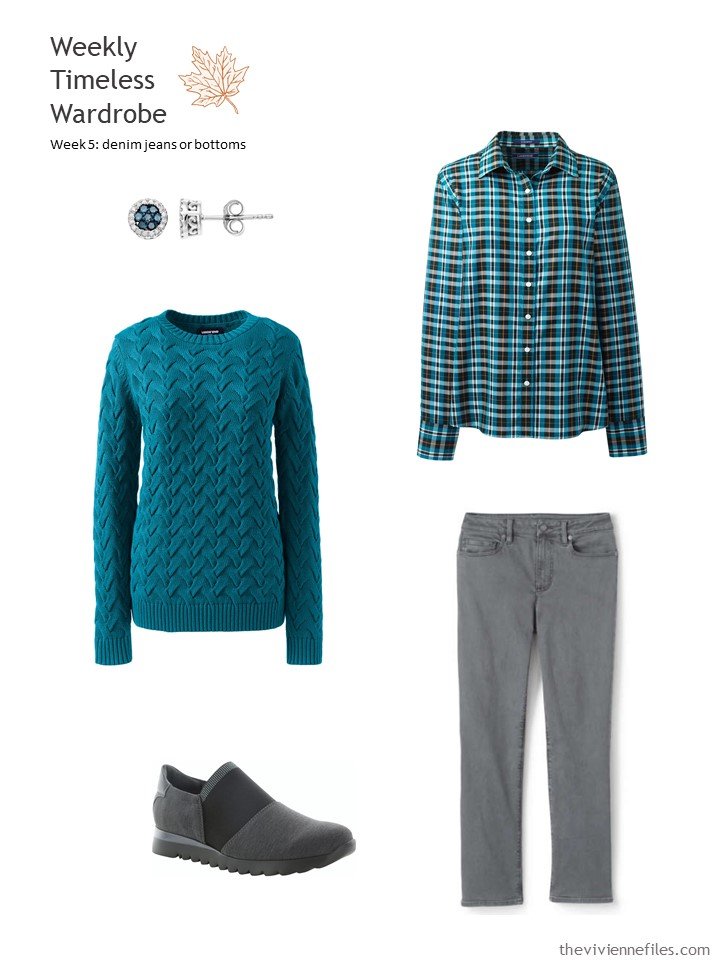 5. grey jeans worn with a teal sweater