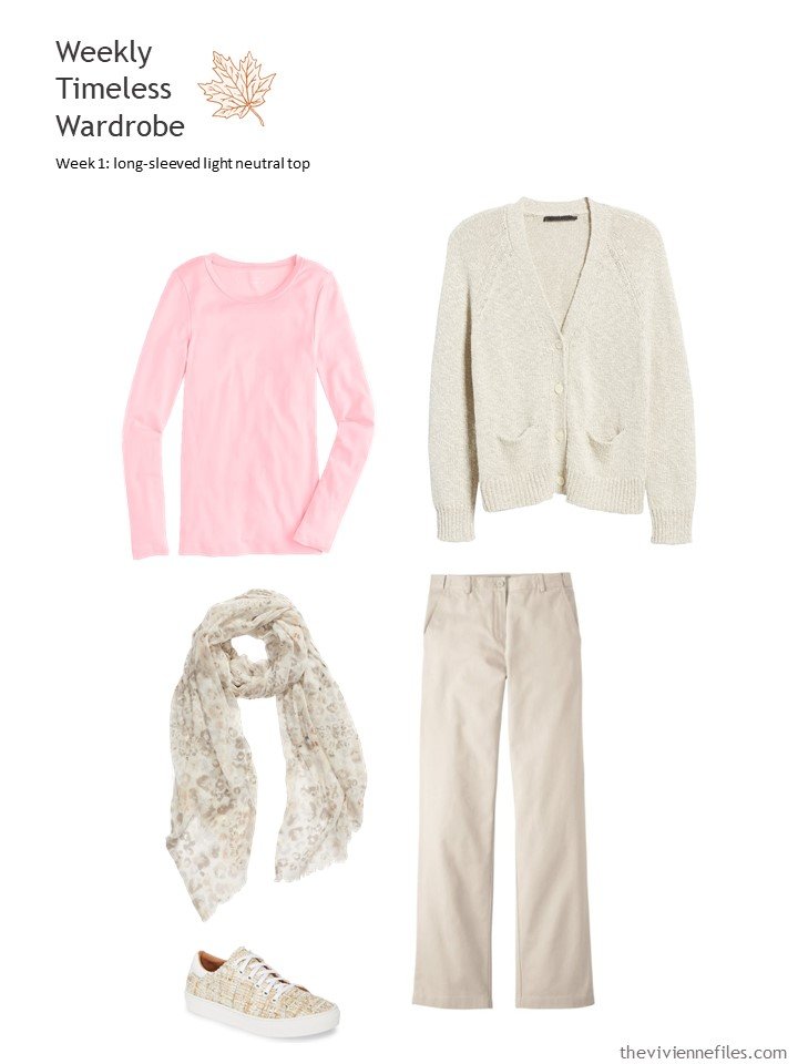 5. pink tee with beige cardigan and pants