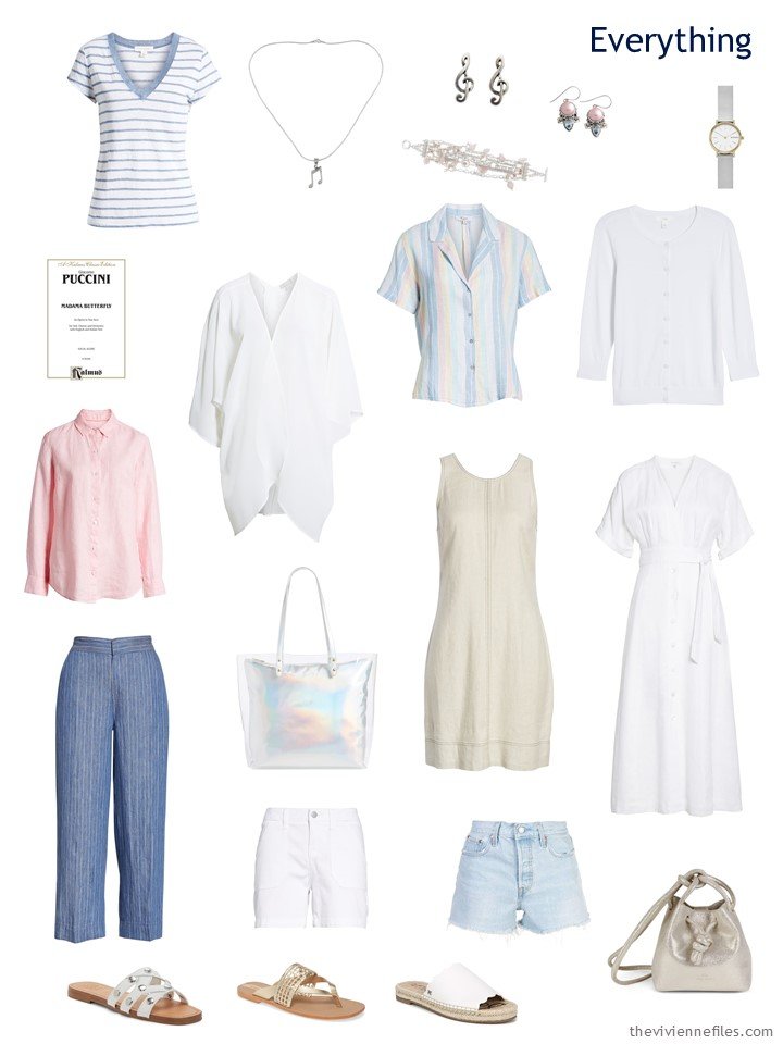 5. travel capsule wardrobe in white, blue, pink and beige