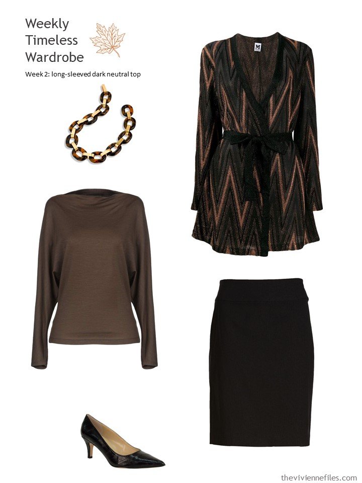 5. wearing a dark neutral top with a dressy cardigan and skirt