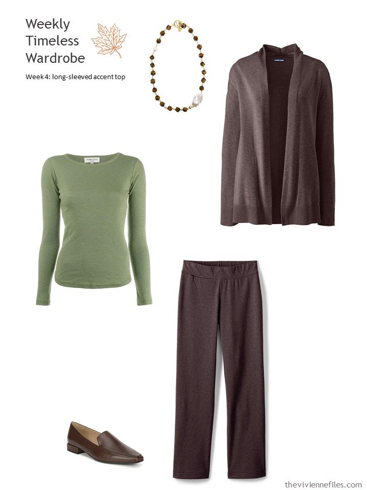 5. wearing moss green with brown