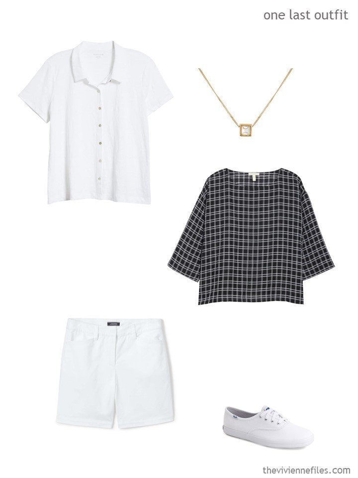 5. white top, white shorts, black & white checked top
