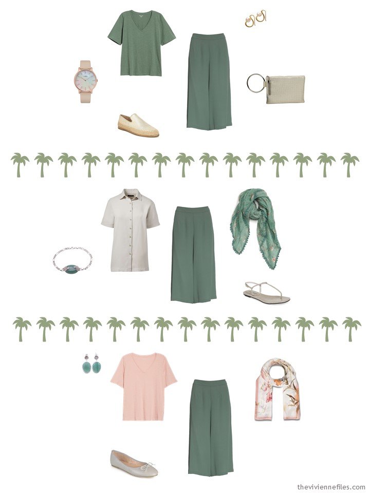 6. 3 ways to wear green silk coulottes from a travel capsule wardrobe