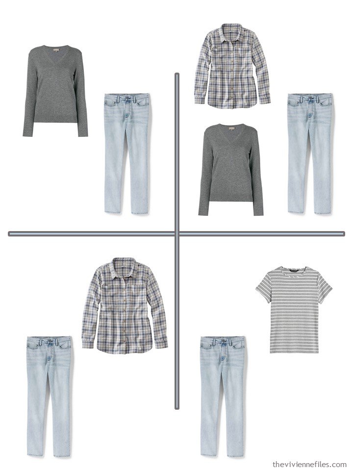 6. 4 outfits from a 5-piece wardrobe cluster in grey and denim