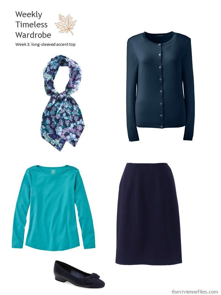 6. navy outfit with turquoise accent top