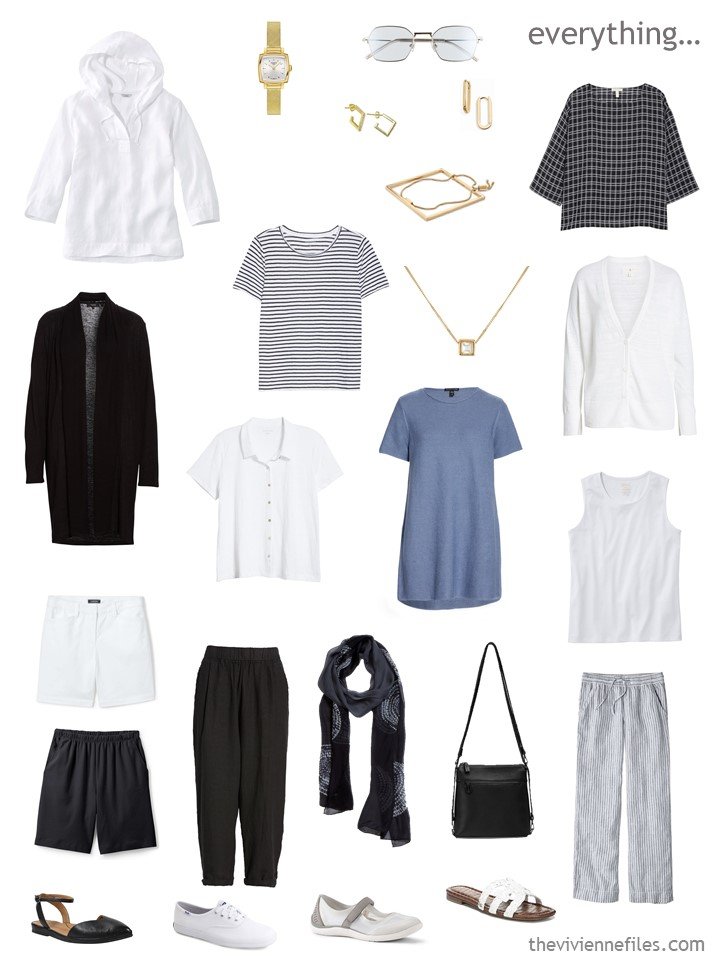 6. travel capsule wardrobe in black, white and chambray blue